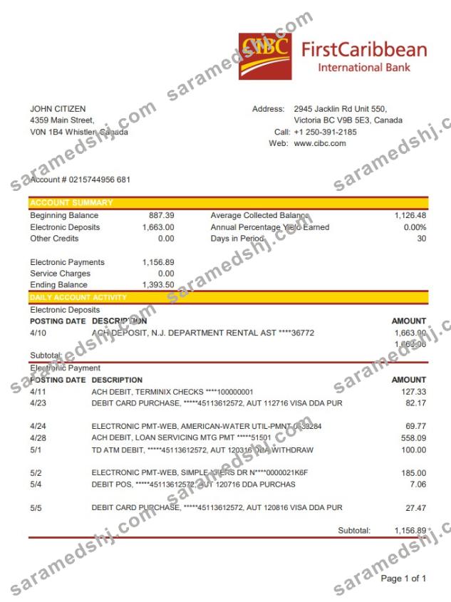 Canada CIBC Bank excel pdf